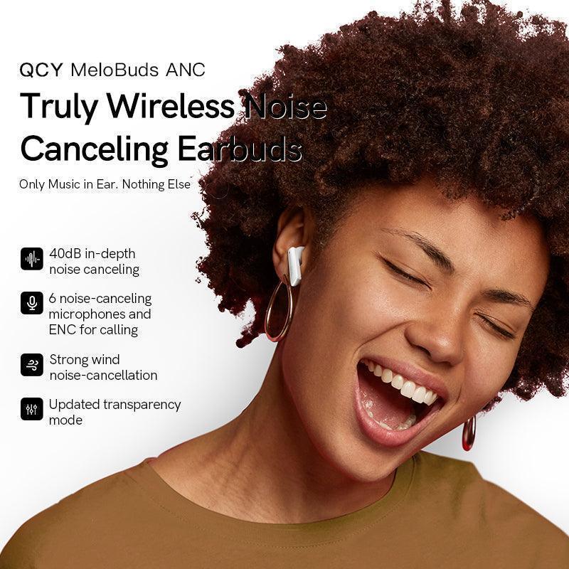White QCY MeloBuds ANC earbuds with 40dB noise canceling, 6 microphones, wind noise reduction, and updated transparency mode.