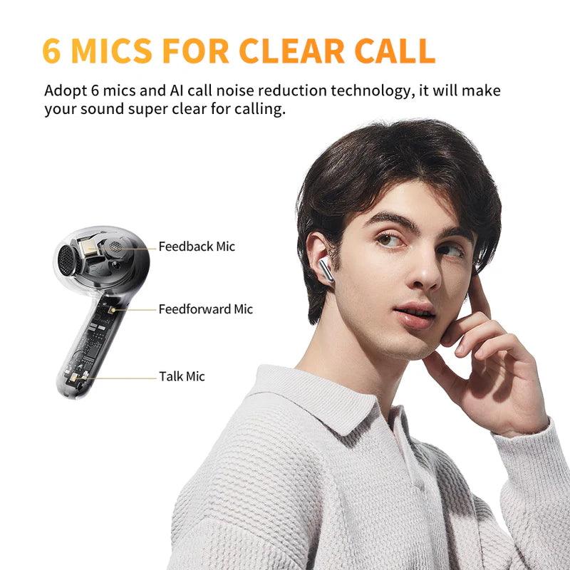 White QCY AilyBuds Pro+ with 6-mic system and AI noise reduction, showing feedback, feedforward and talk mic.