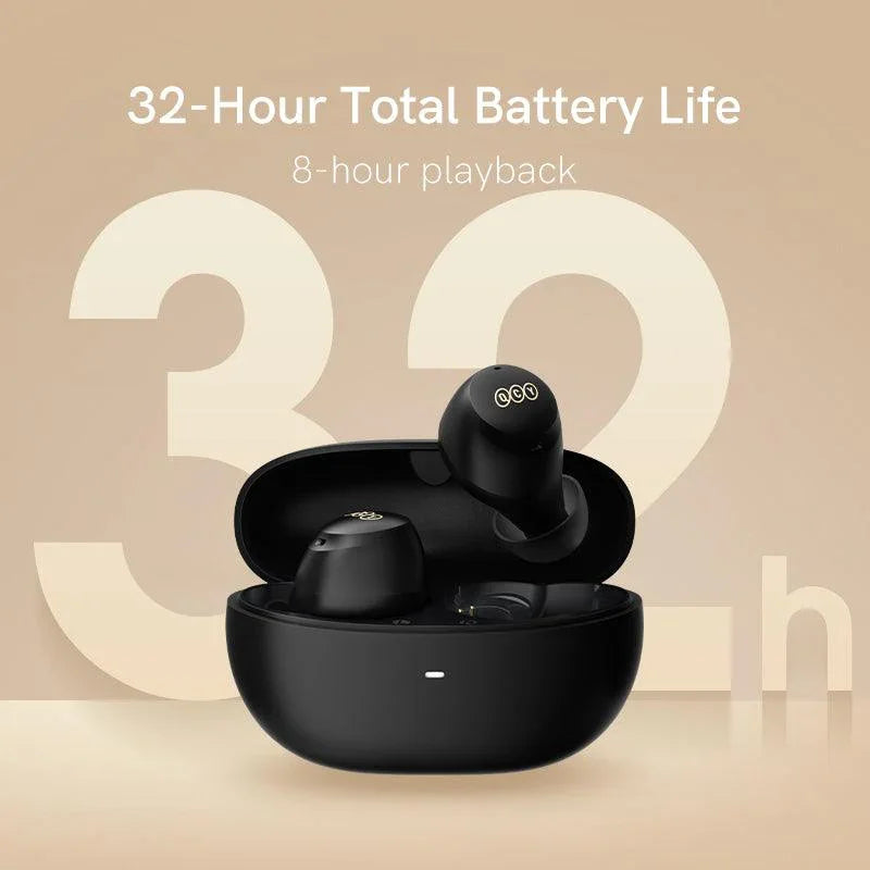 Black QCY ArcBuds with 32-hour total battery life and 8-hour single playback time, shown on beige background.