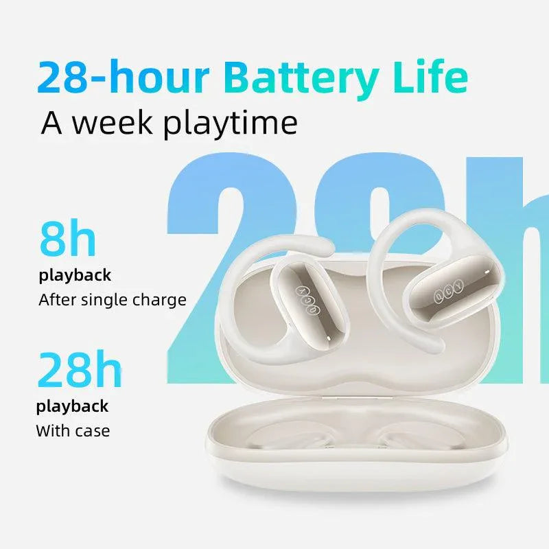 Black QCY Crossky GTR2 earbuds showcasing 28-hour battery life, with 8 hours playback after single charge and 28 hours total