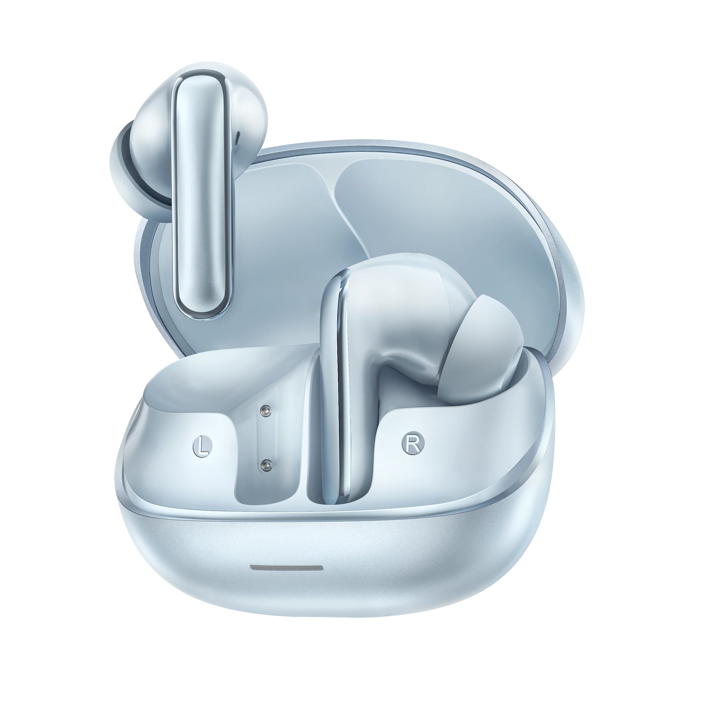 MeloBuds N65 wireless earbuds in sleek silver charging case, open lid showing left and right earpieces with L/R labels.