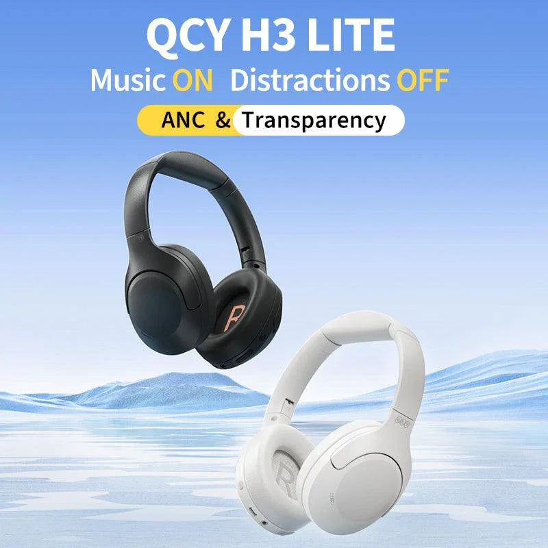 Black QCY H3 Lite headphones with ANC and transparency mode, shown alongside white version on blue background.