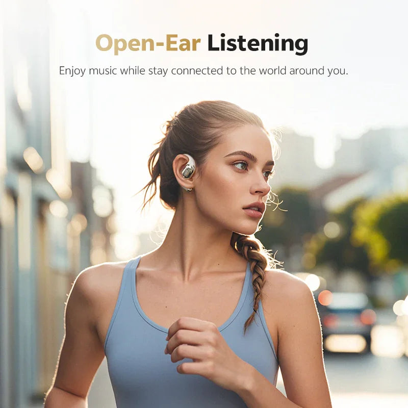 A woman jogs outdoors wearing white QCY Crossky R70 open-ear earhooks, highlighting the open-ear listening experience.