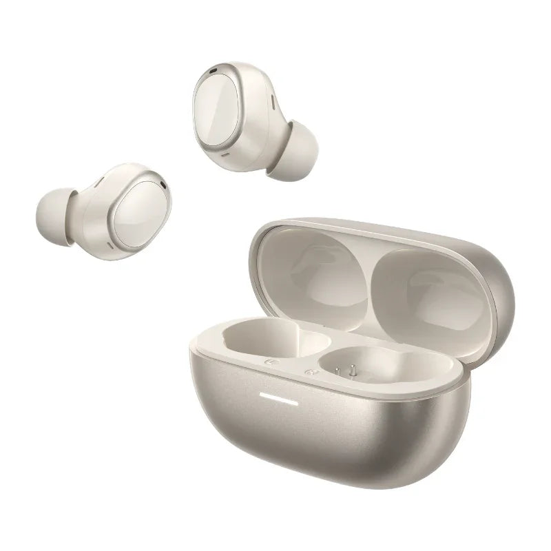 MeloBuds A30 wireless earbuds with charging case, sleek metallic design for premium audio experience.