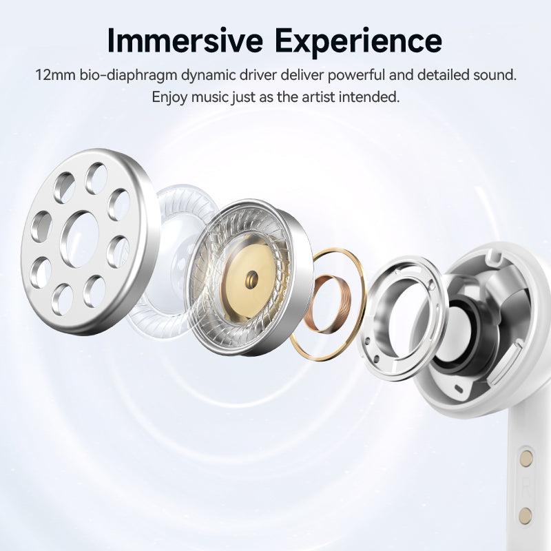 White QCY Melobuds N50 earbud showcasing 12mm bio-diaphragm dynamic driver for immersive sound experience and detailed audio