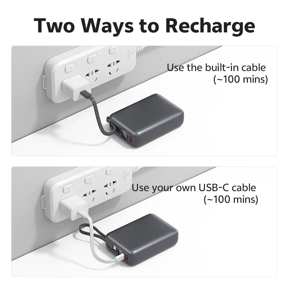 Black QCY PB20A two recharging methods, built-in USB-C cable or external cable, full charge in ~100 mins.