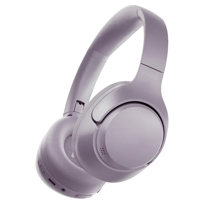 Purple QCY H3 over-ear wireless headphones, 45-degree right side view, stylish design details.