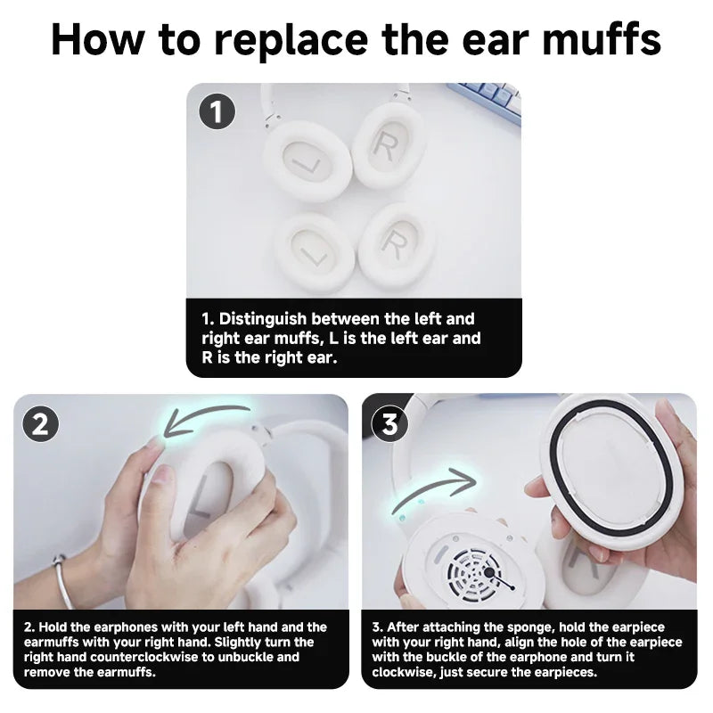 Black QCY H3 replacement ear pads, installation tutorial view showing L/R distinction, counterclockwise removal and clockwise installation steps.