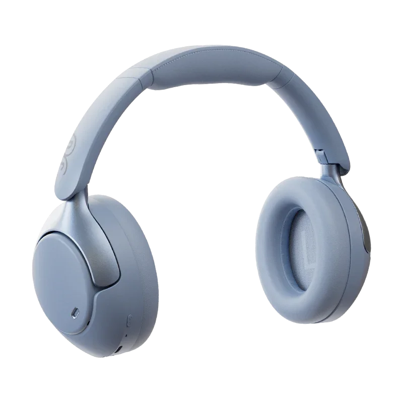 Light blue QCY H3 Pro over-ear wireless ANC headphones, front view slightly angled right, soft headband and cushioned earcups on transparent background.