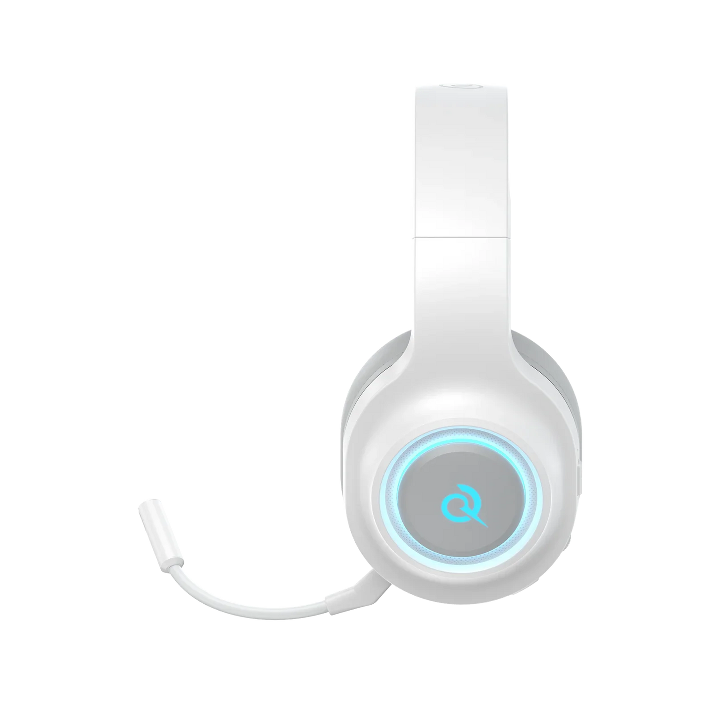 White QCY Heroad V200 gaming headphones, left side close-up with detachable mic and blue RGB lighting on left earcup.