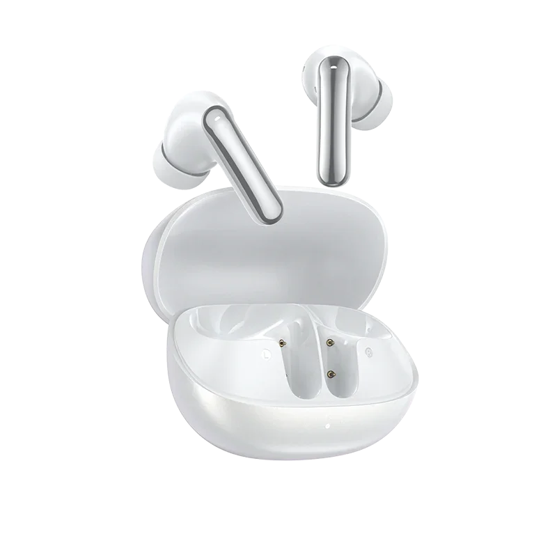 QCY MeloBuds N20 white wireless earbuds with the charging case open, left earbud in the case and right earbud floating above with reflective stem accent