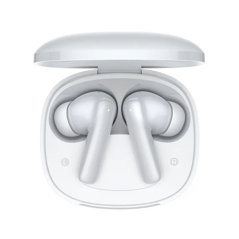 White wireless earbuds in open charging case, left and right marked, sleek design for iOS Android