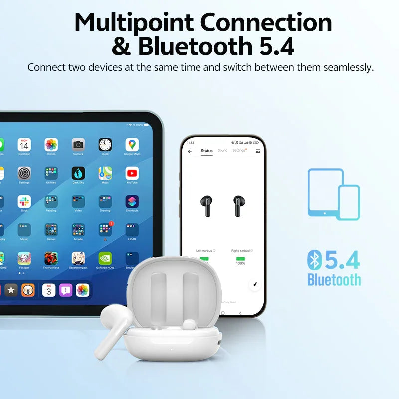 White wireless earbuds with charging case, Bluetooth 5.4, multipoint connection for phone and tablet