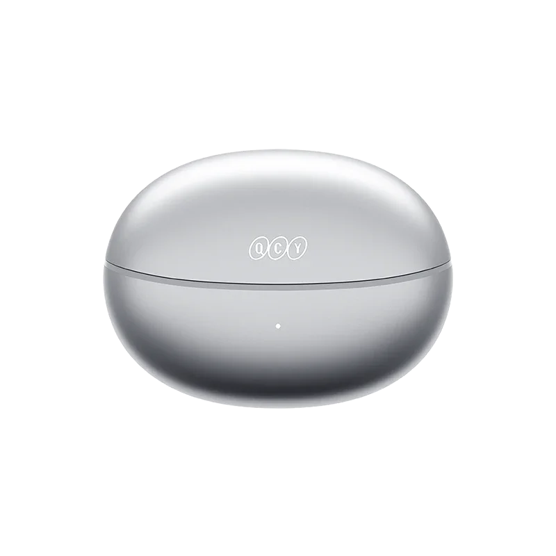 QCY Crossky C30S titanium charging case closed, front view showing QCY logo and LED indicator