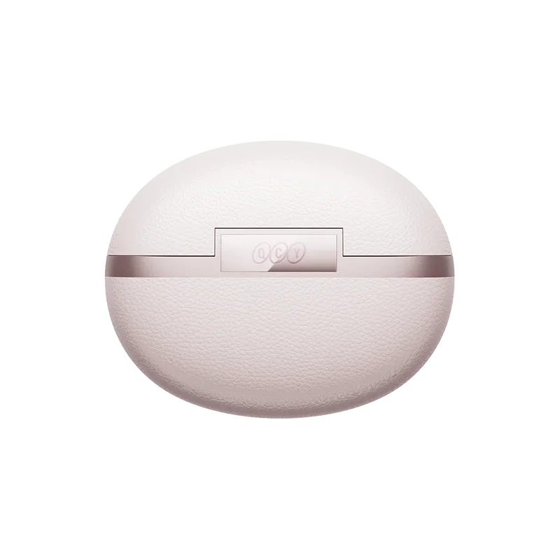 QCY Crossky C50 pink charging case closed with leather‑texture finish, front view showing QCY logo