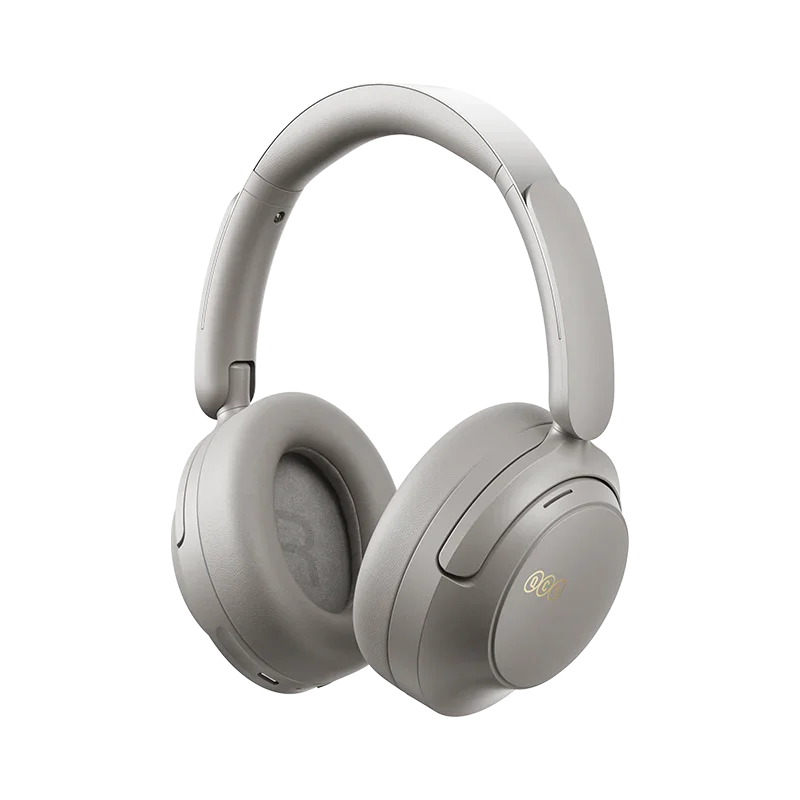 Gray QCY H3S over-ear wireless headphones, front view featuring gray R logo on right earcup