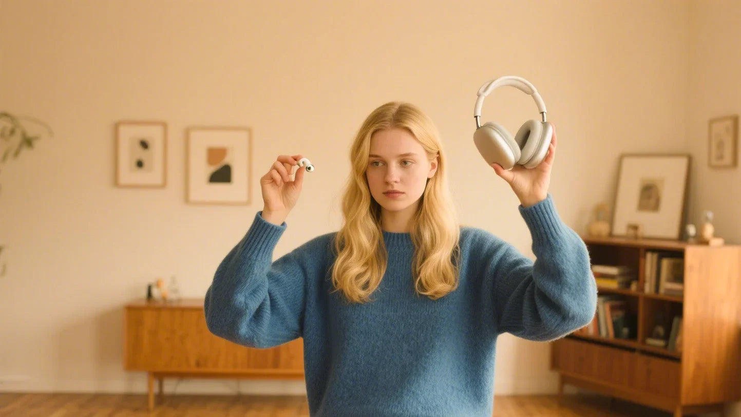 Woman holding wireless earbuds and over-ear headphones for immersive audio experience at home