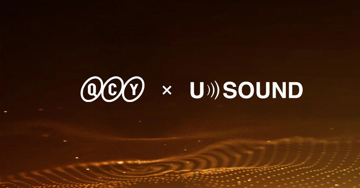 QCY x U-SOUND logo on golden soundwave background, showcasing audio tech partnership