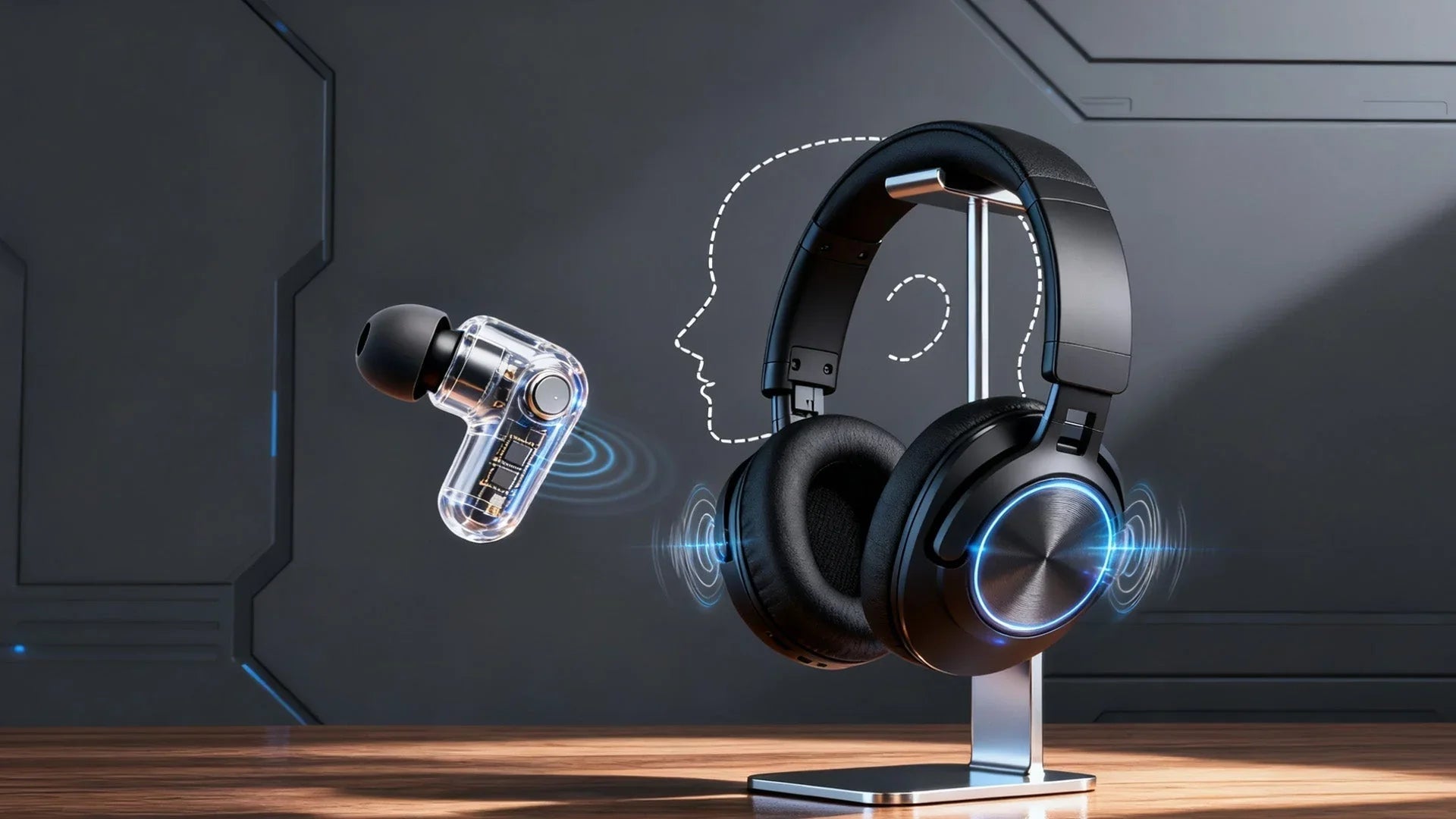 Wireless Bluetooth headphones and earbuds with glowing audio waves, showcasing immersive sound tech for iOS & Android