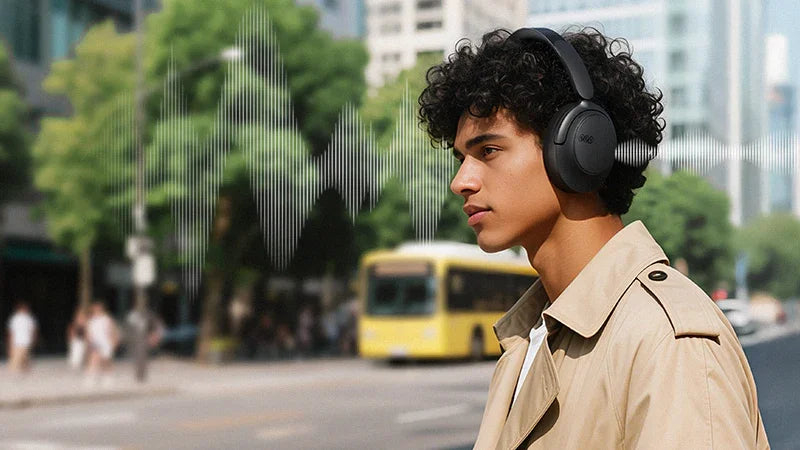 Man wearing black wireless headphones outdoors with city background, enjoying immersive audio on the go