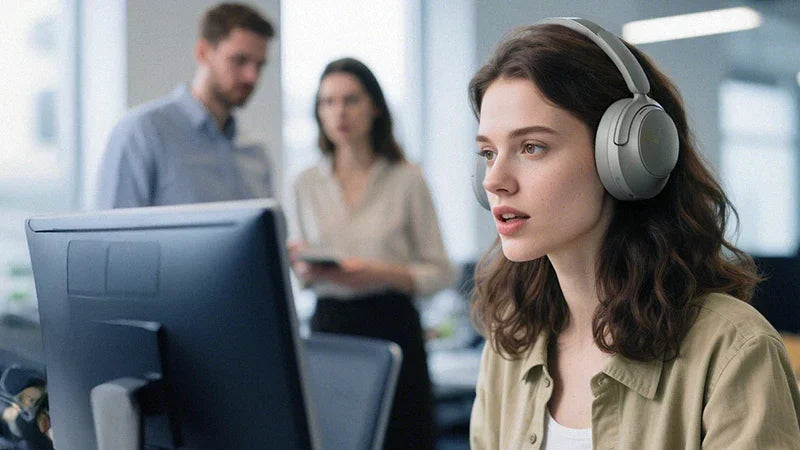 Woman wearing wireless headphones at computer in office, focused on work with colleagues nearby