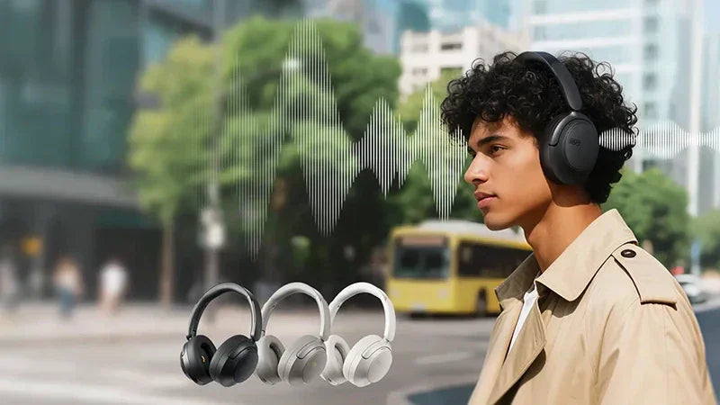 Wireless over-ear headphones with noise cancellation, shown in black, gray, and white, worn outdoors for immersive sound.