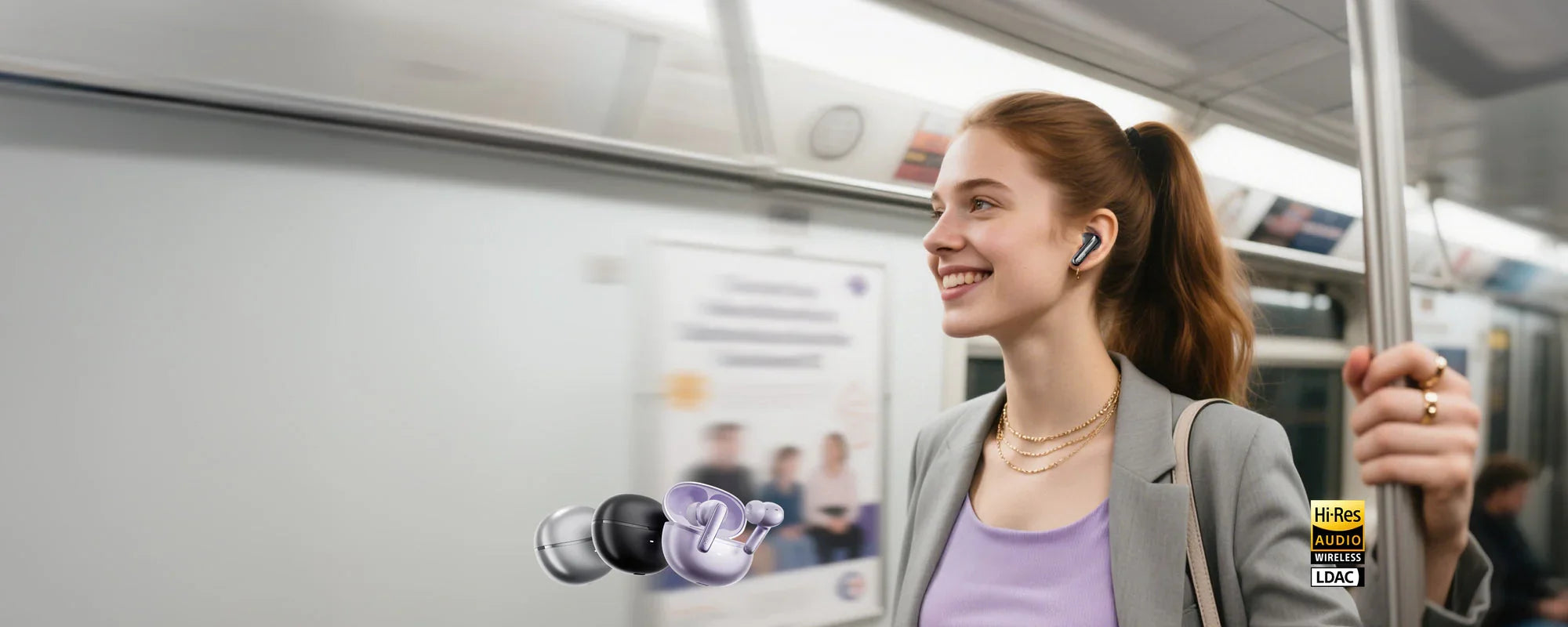 Woman on subway wearing wireless earbuds with Hi-Res Audio, LDAC, and multiple color options shown