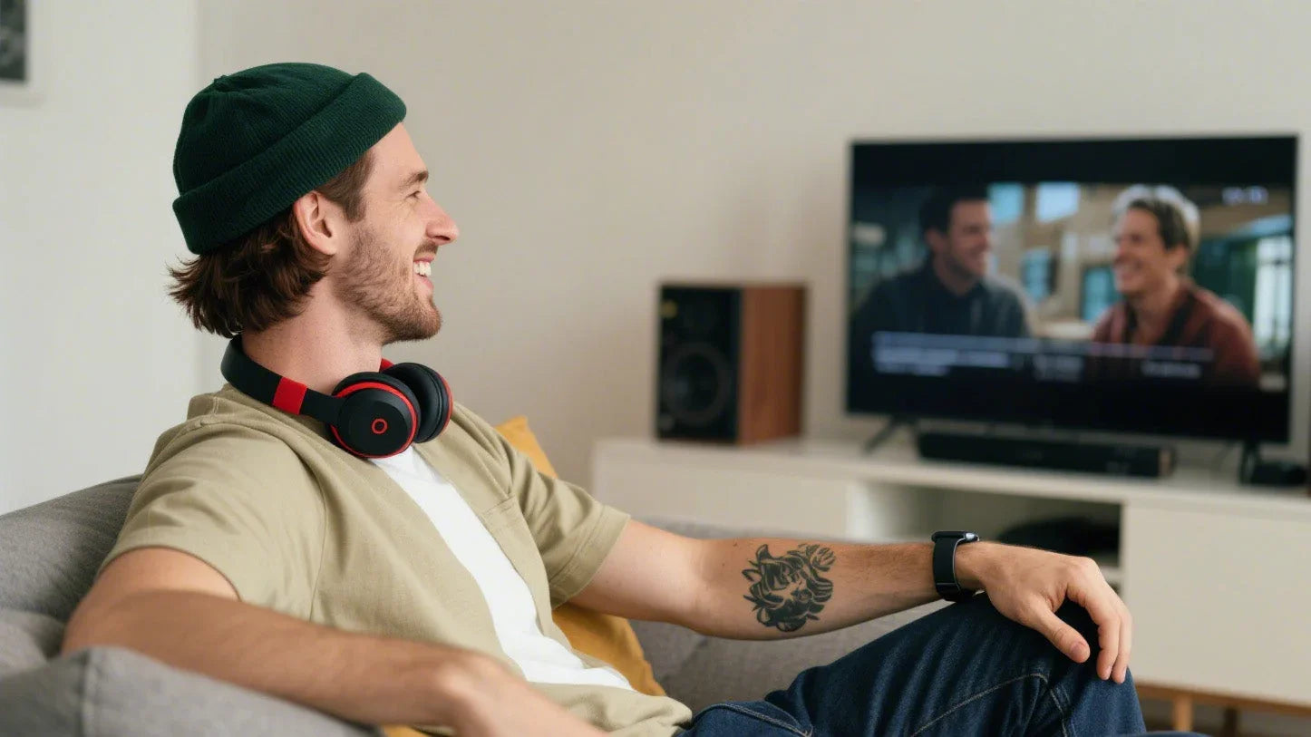 Man relaxing on couch with wireless headphones, watching TV for immersive audio experience