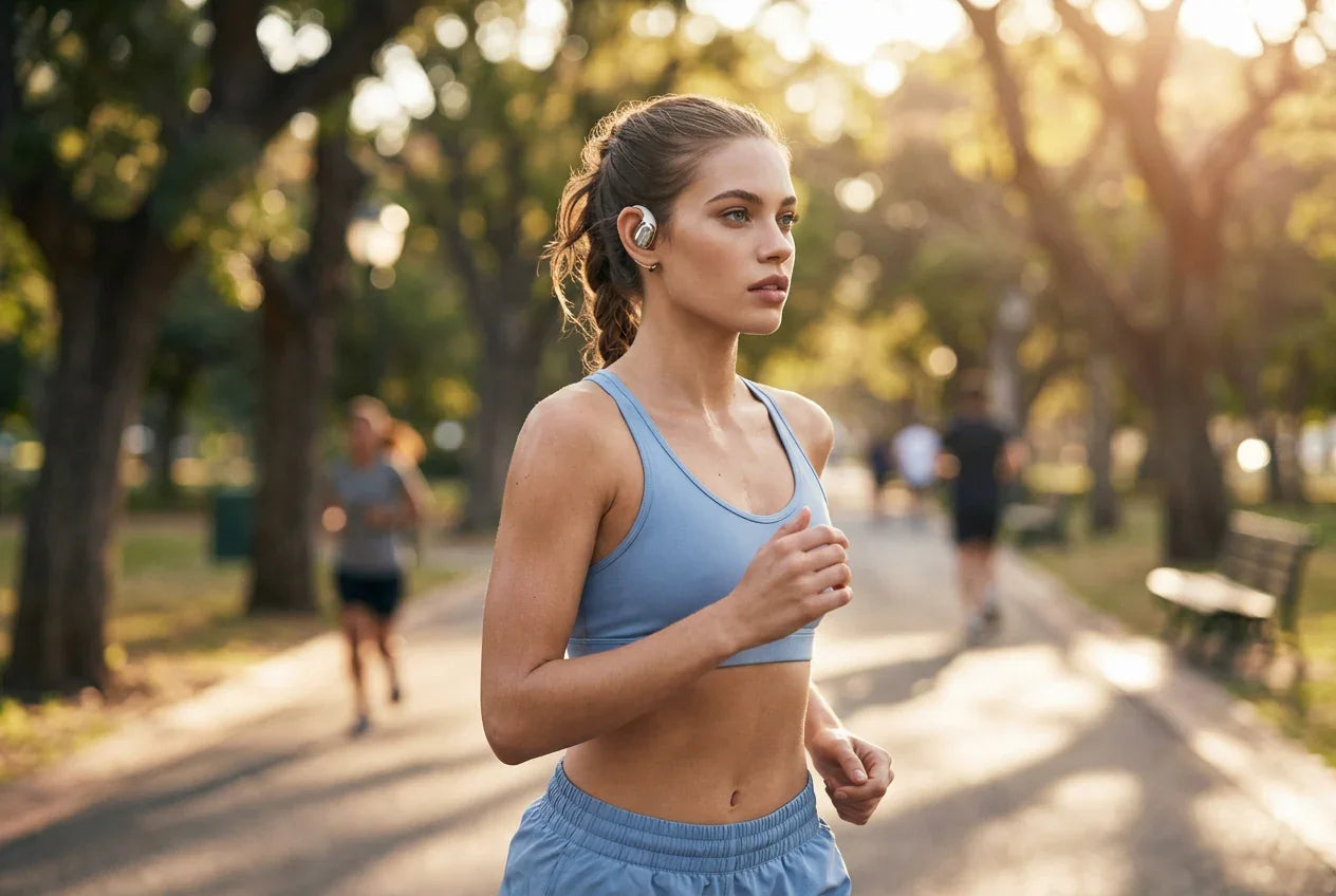 Woman jogging in park wearing wireless earbuds for fitness audio