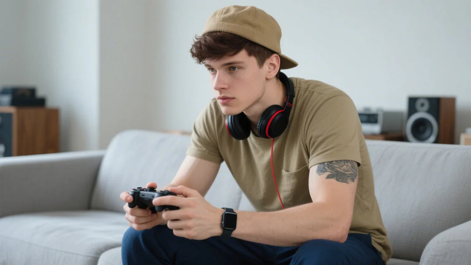 Young man gaming with wired headphones, focused on controller, casual home setting