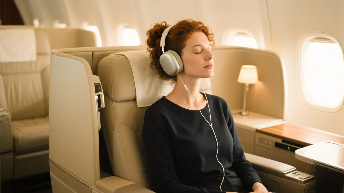 Woman relaxing on airplane with over-ear headphones, enjoying immersive audio during flight
