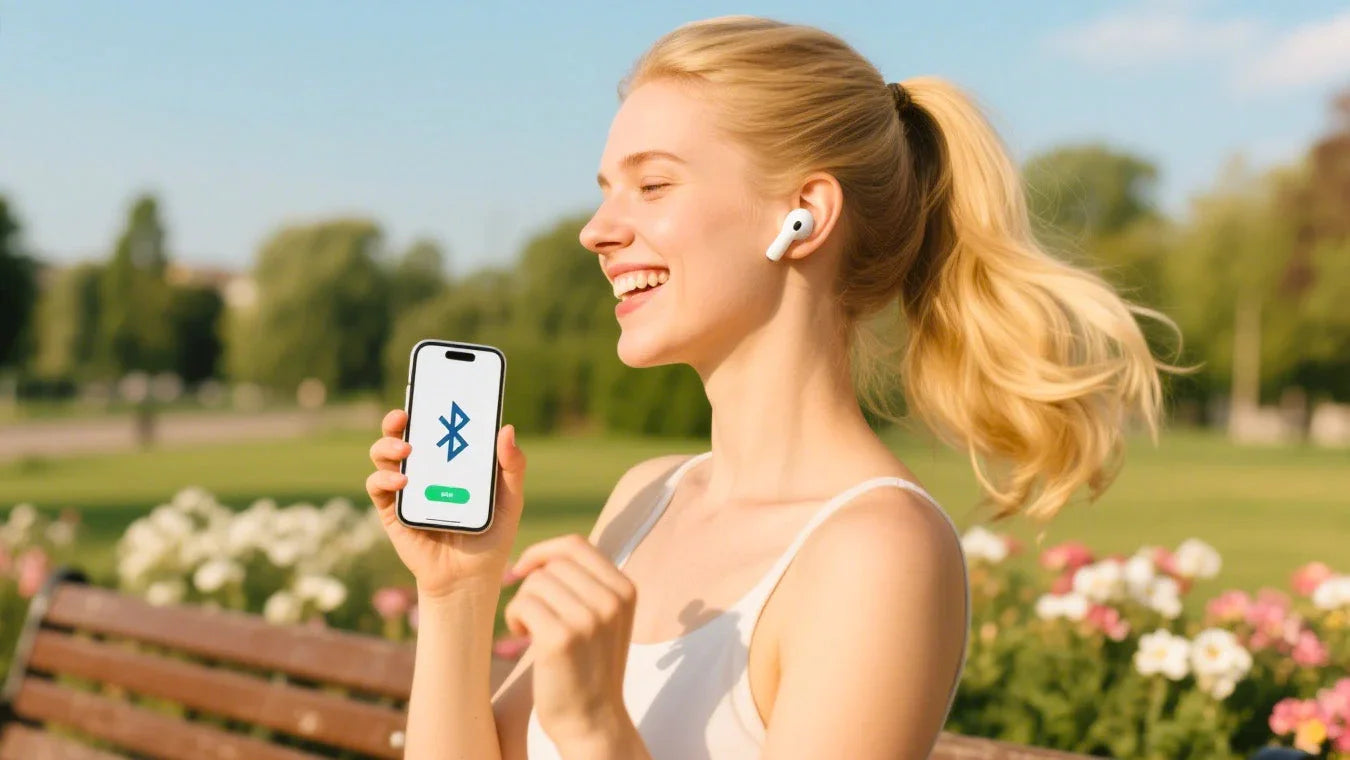 Woman smiling with wireless earbuds, holding phone showing Bluetooth connection in sunny park