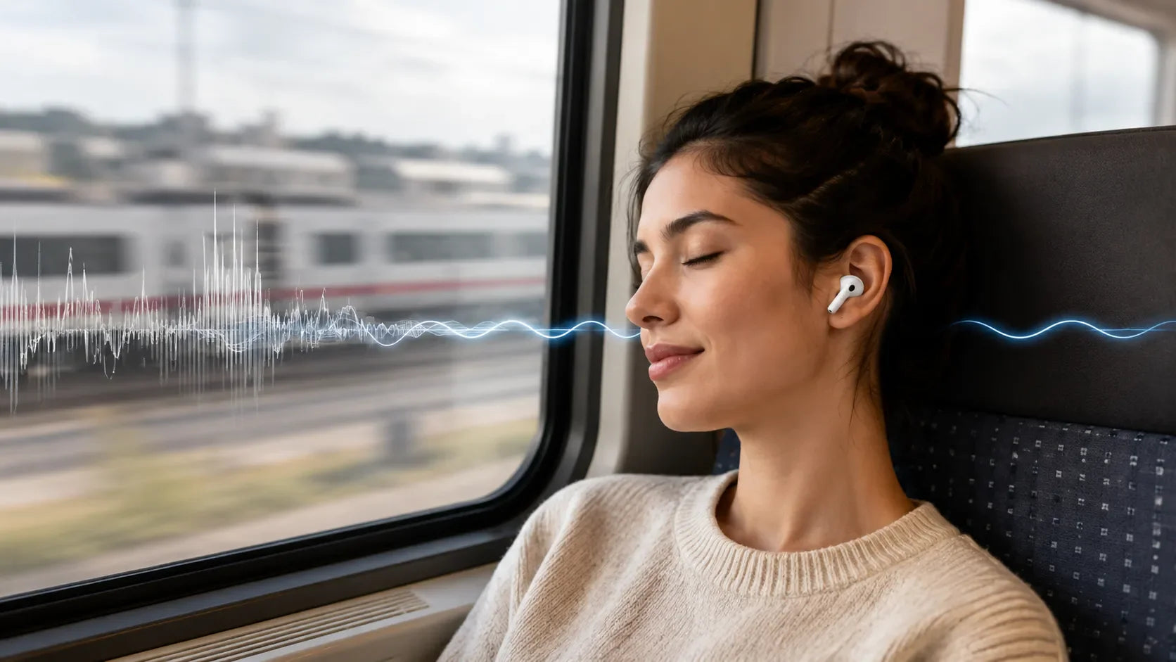Woman on train using ANC earbuds, blocking noise with sound waves visualized for peaceful commute.