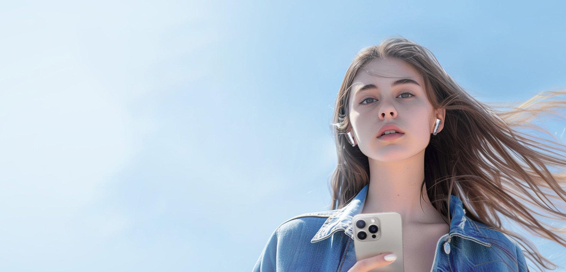 Woman wearing wireless earbuds outdoors with smartphone, enjoying clear audio on iOS or Android
