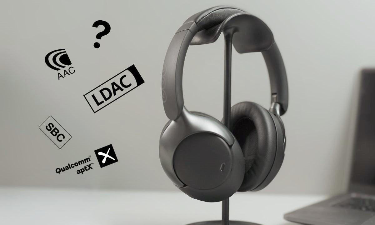 Wireless headphones with AAC, LDAC, SBC, aptX audio codec icons displayed beside them