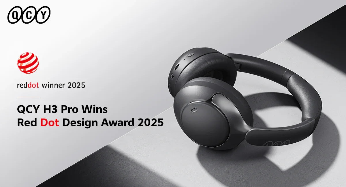 QCY H3 Pro wireless headphones, Red Dot Design Award 2025 winner, sleek black over-ear design