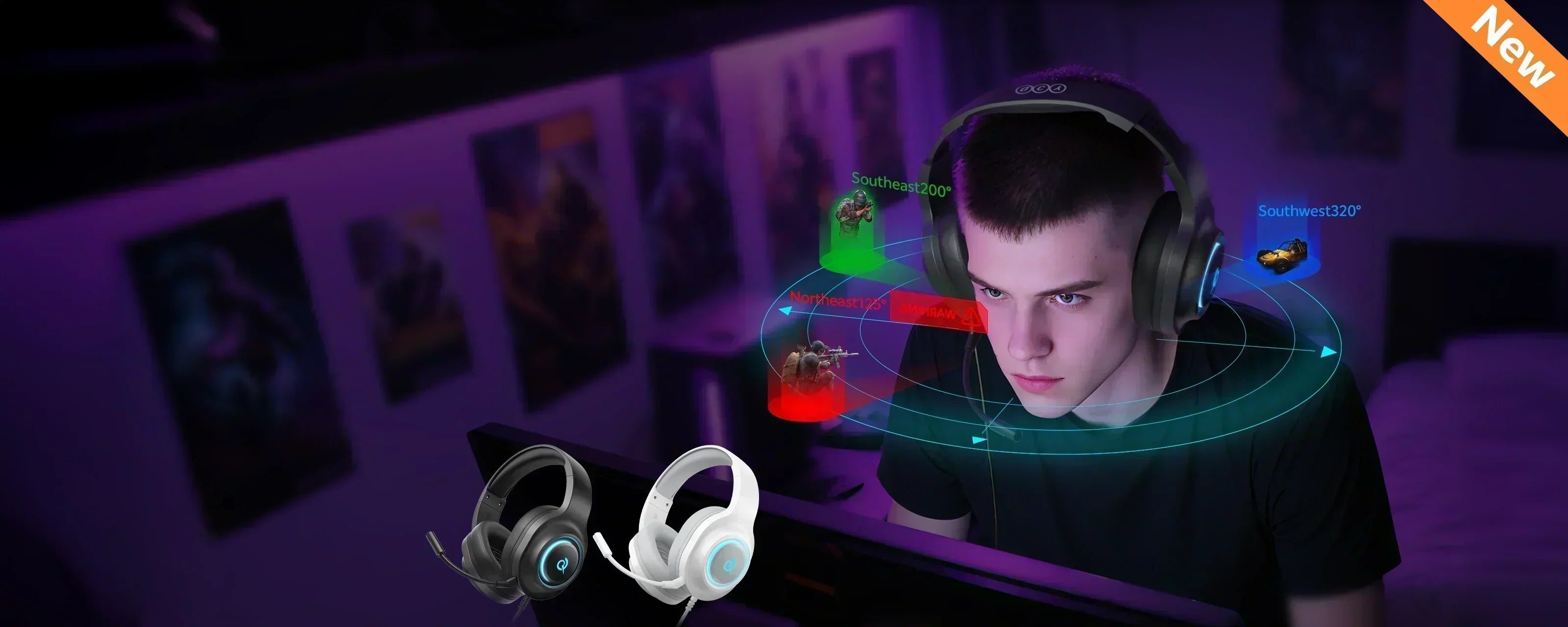 Gamer wearing wireless gaming headset with RGB lighting, immersive 3D audio for PC gaming, new release