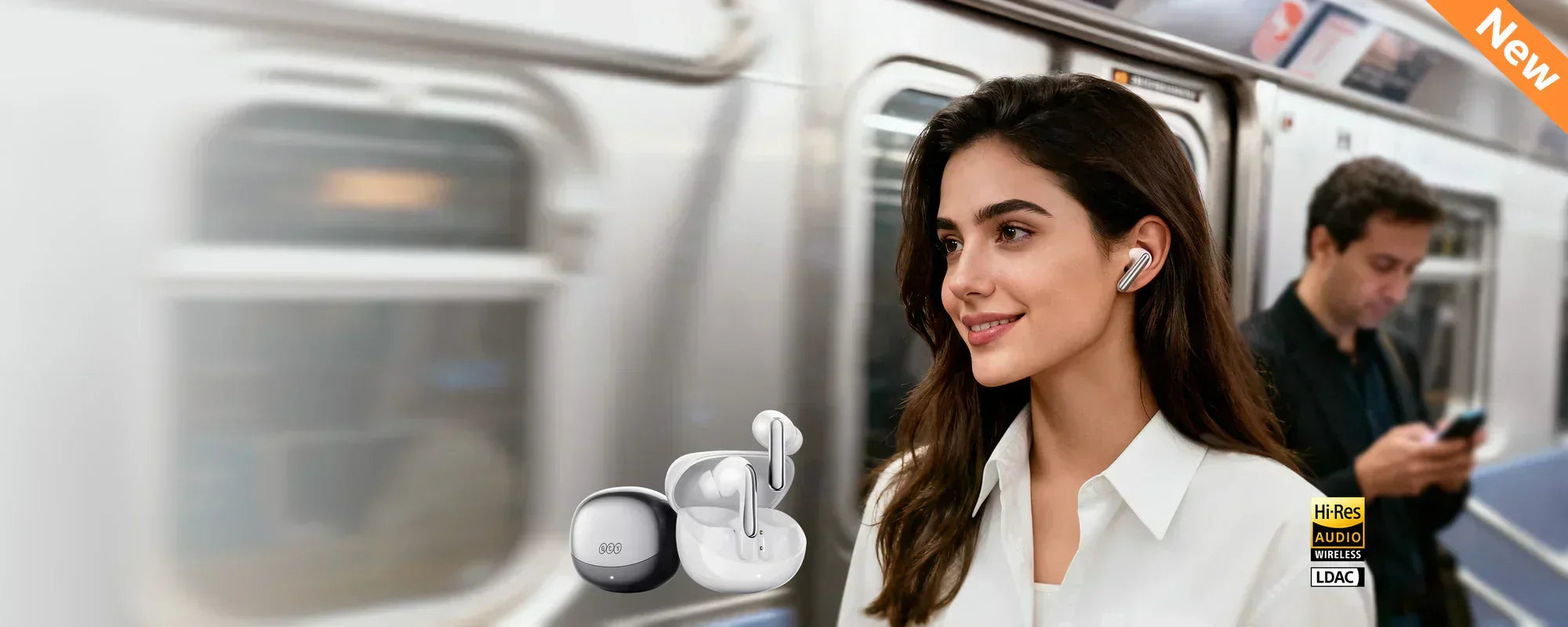 Woman wearing white wireless earbuds on subway, Hi-Res Audio LDAC support, new release