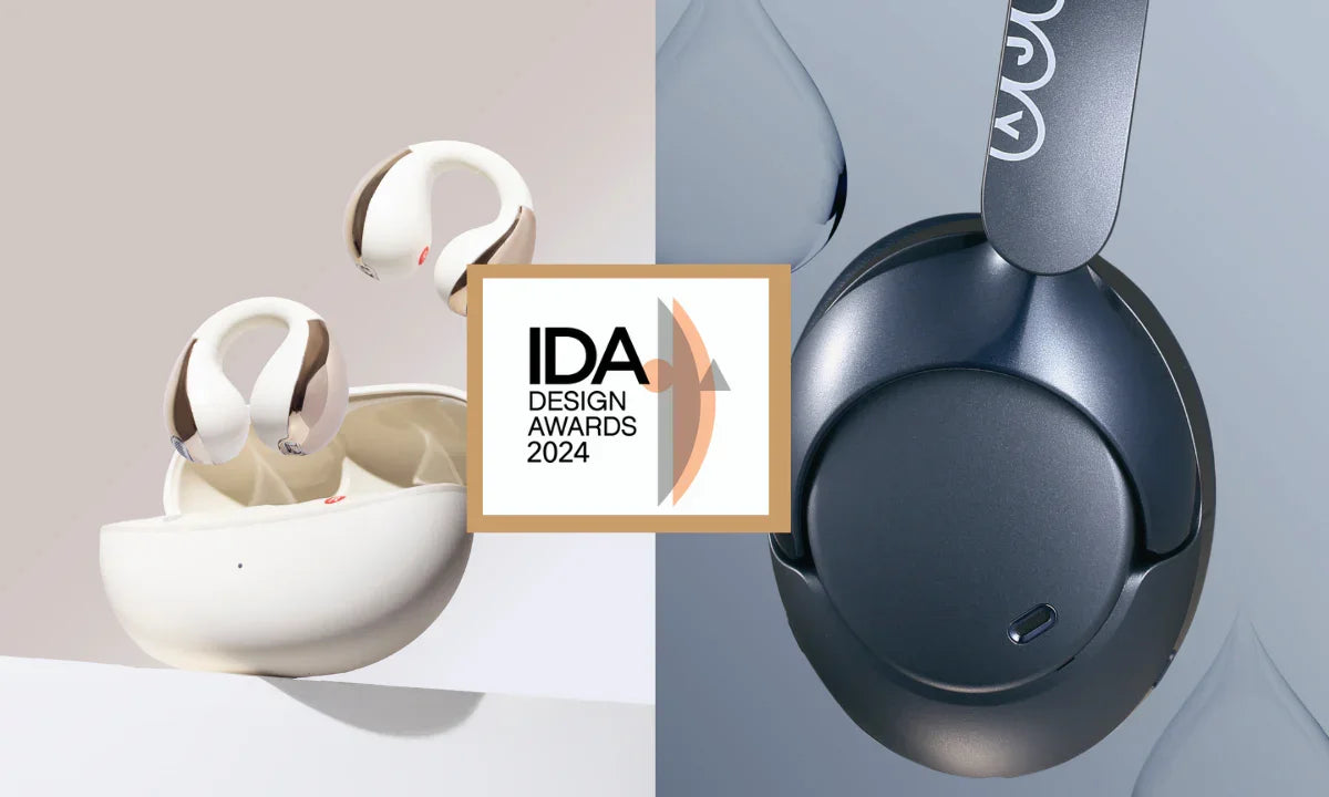 QCY wireless earbuds and headphones with IDA Design Awards 2024 badge, showcasing sleek audio tech
