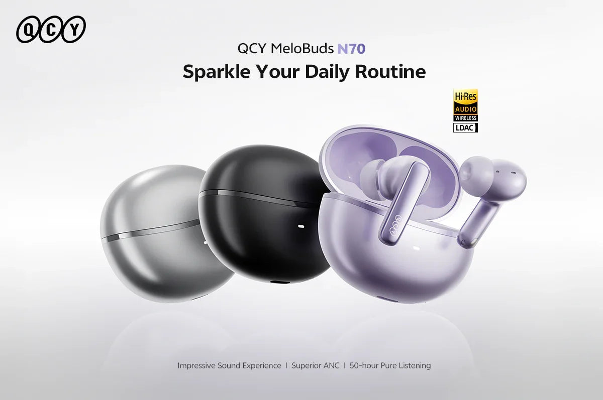 QCY MeloBuds N70 wireless earbuds with Hi-Res Audio, ANC, 50-hour battery, in silver, black, and purple cases