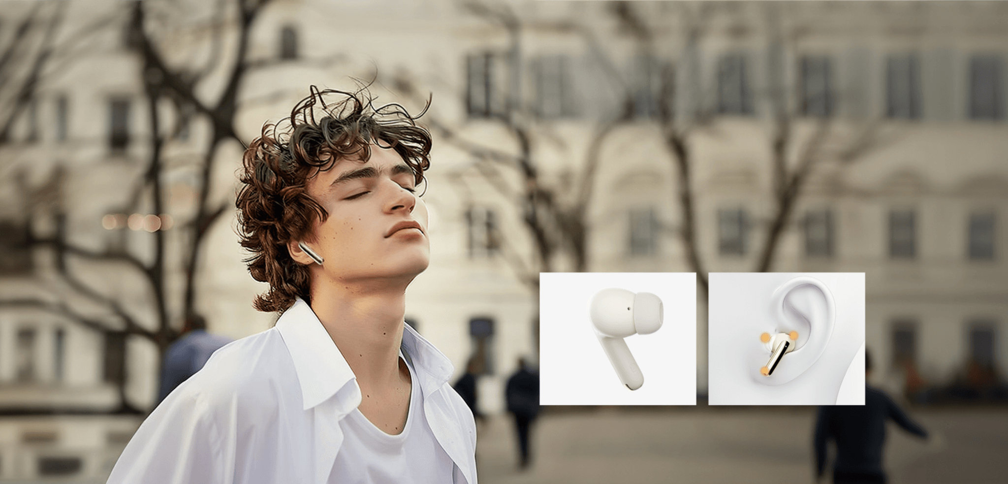Man enjoying music with white wireless earbuds, featuring ergonomic design for comfortable fit