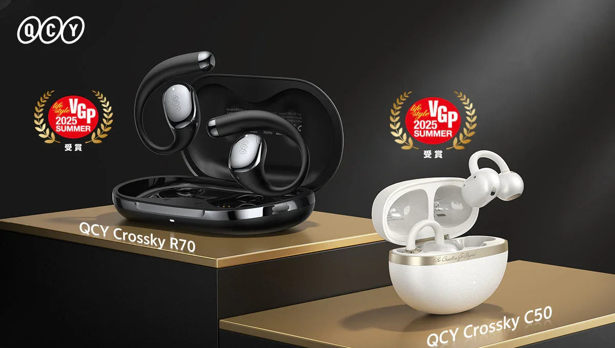 QCY Crossky R70 and C50 wireless earbuds with charging cases, sleek black and white designs on display
