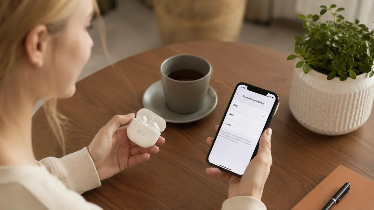 Woman adjusting Bluetooth audio codec settings (AAC, LDAC) on smartphone for QCY wireless earbuds while drinking coffee.