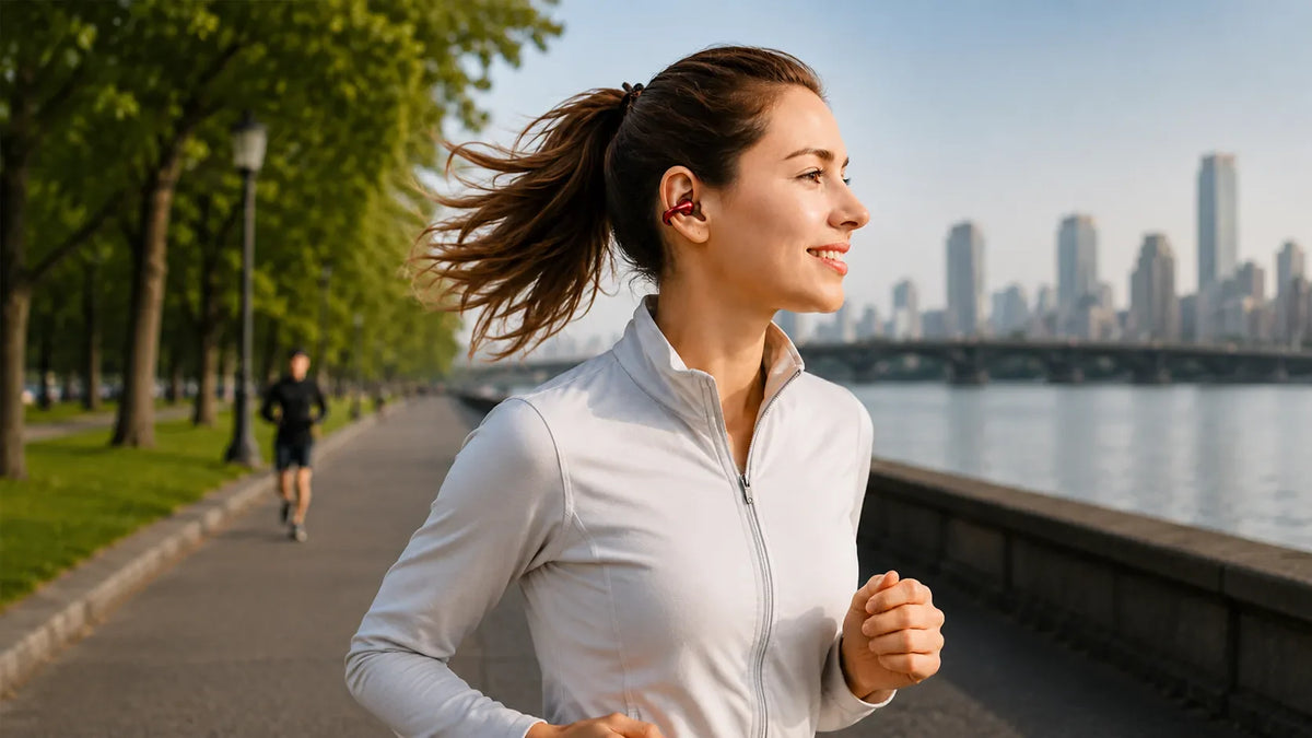 Woman running outdoors with open-ear earbuds, city skyline background.