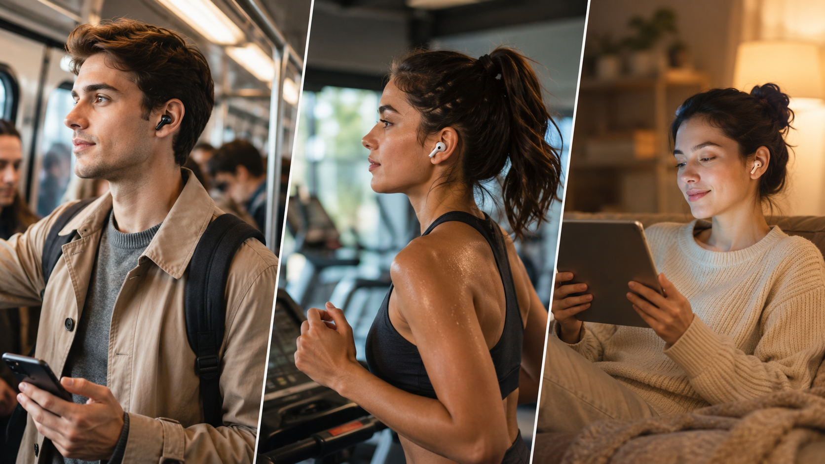 Man commuting, woman working out, and another relaxing at home with QCY earbuds.