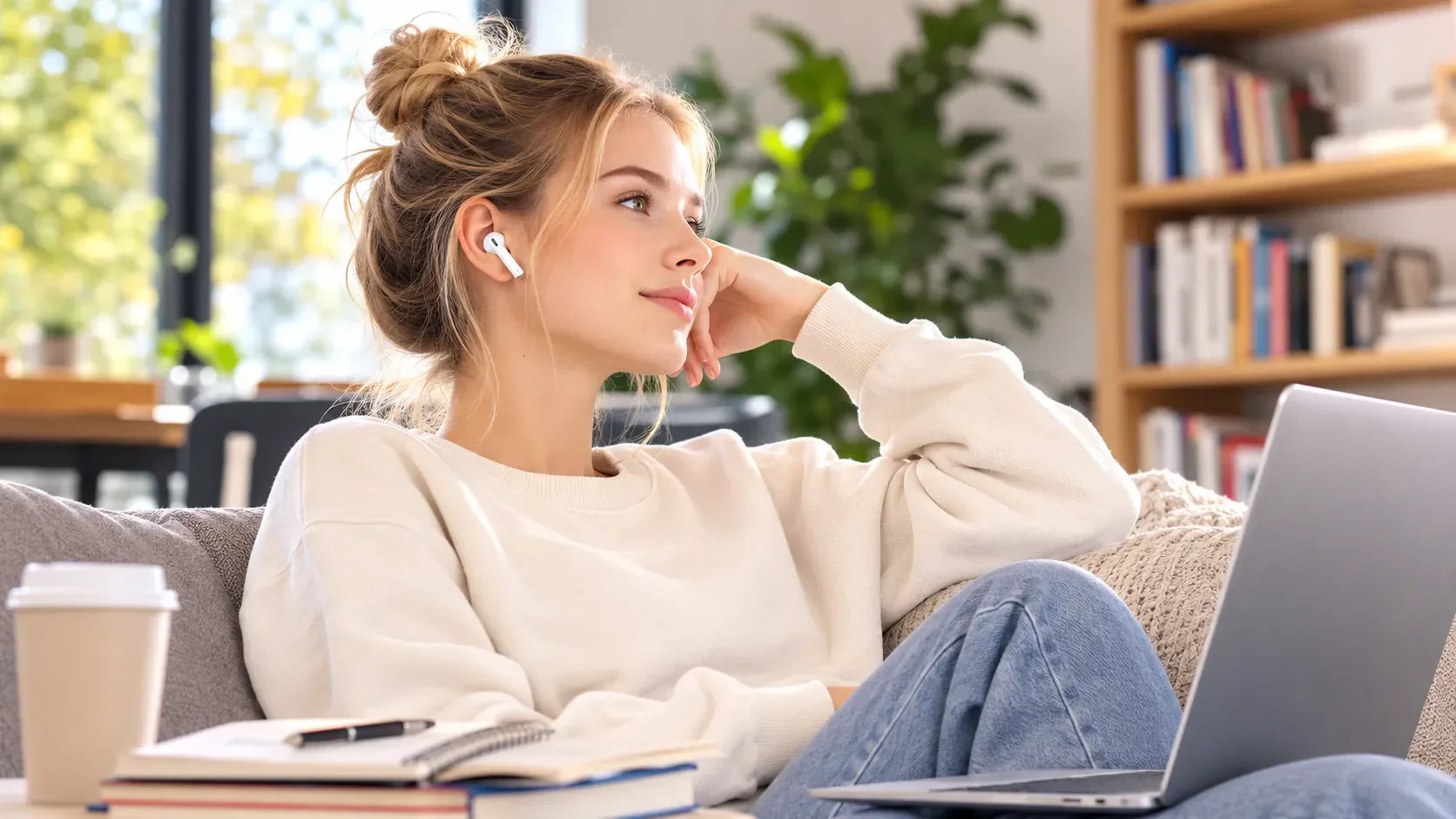 Woman wearing QCY wireless earbuds while relaxing on couch with laptop, showcasing all-day comfort and sleek design for daily
