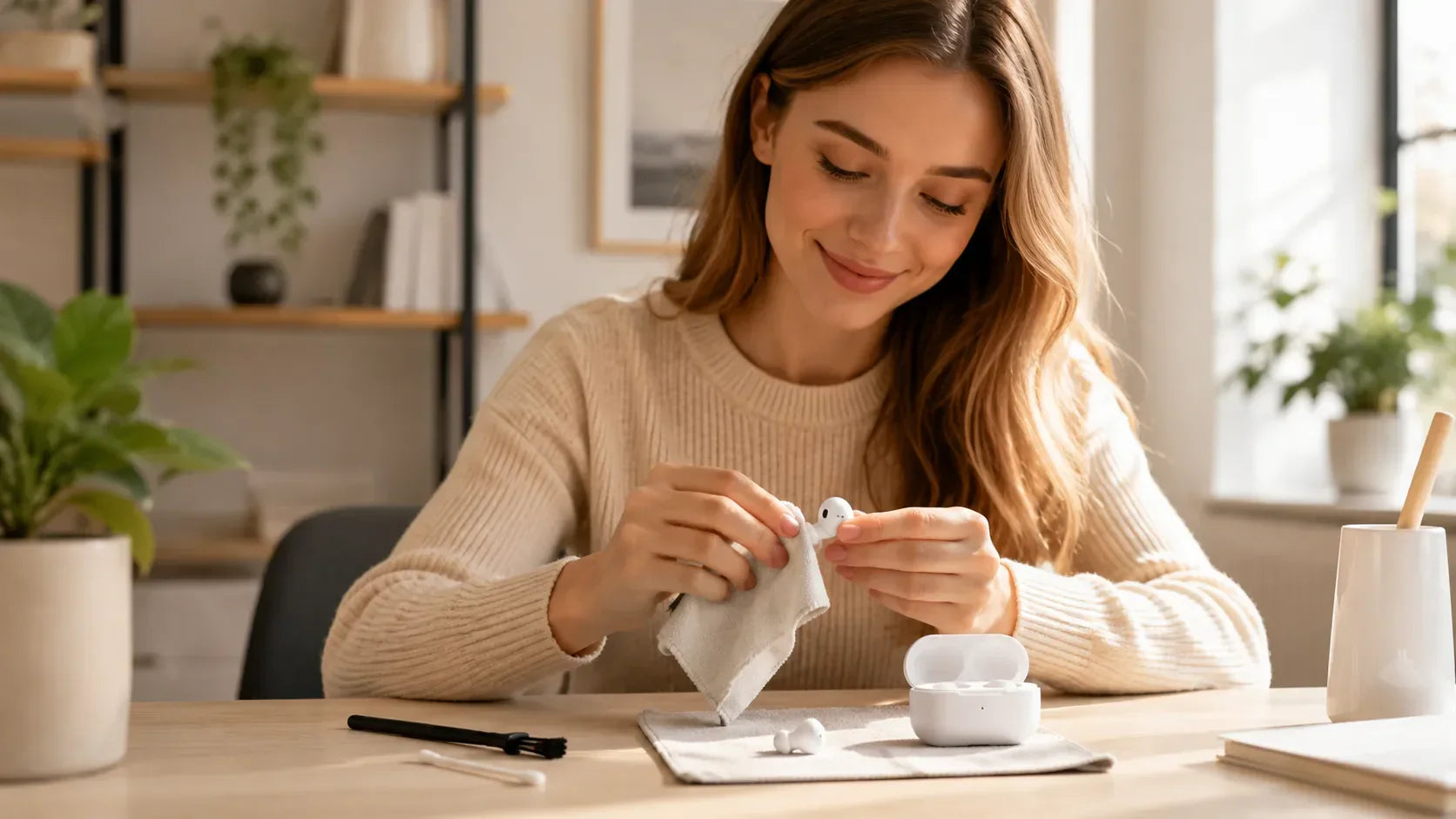 Woman gently cleaning white wireless earbuds with microfiber cloth on desk, safe earbud maintenance tips