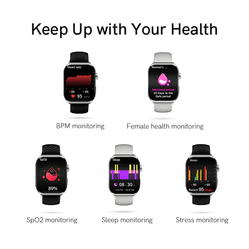 Black QCY Watch GS2 showcasing a 1.96" AMOLED display with 79% screen-to-body ratio and 60Hz refresh rate