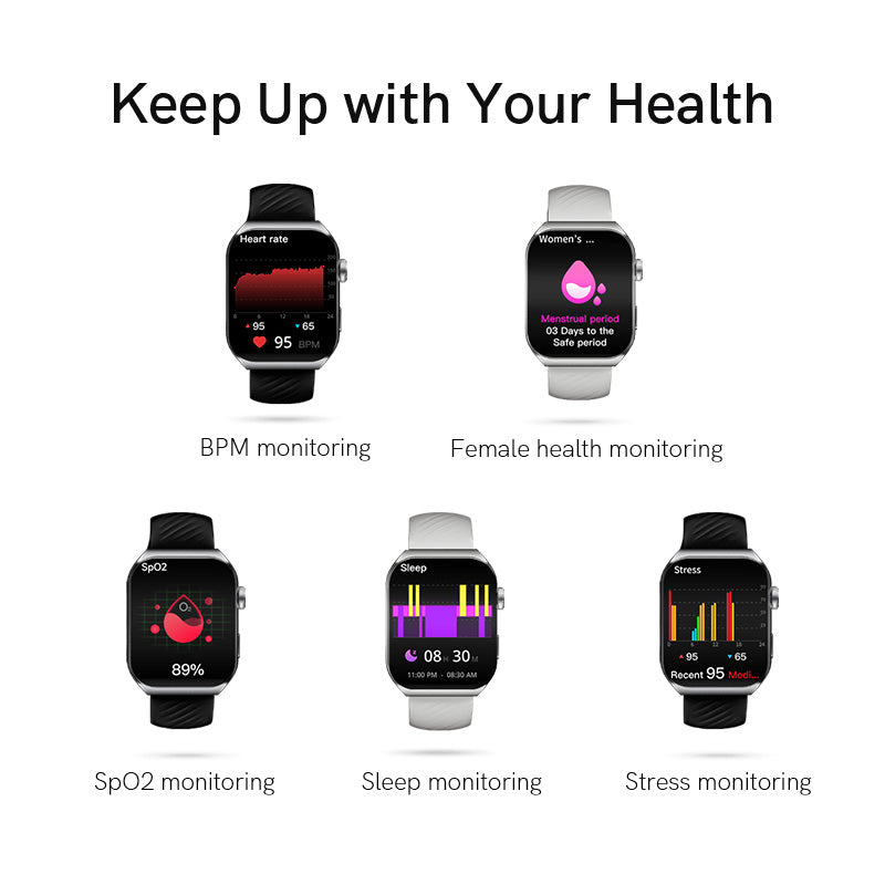 Black QCY Watch GS2 showcasing a 1.96" AMOLED display with 79% screen-to-body ratio and 60Hz refresh rate