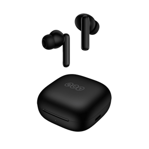 Black QCY T13 ANC earbuds floating above charging case, front-angled view showing sleek design and LED indicator